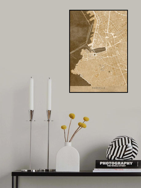 Sepia vintage map of Marseille France Poster och Canvastavla