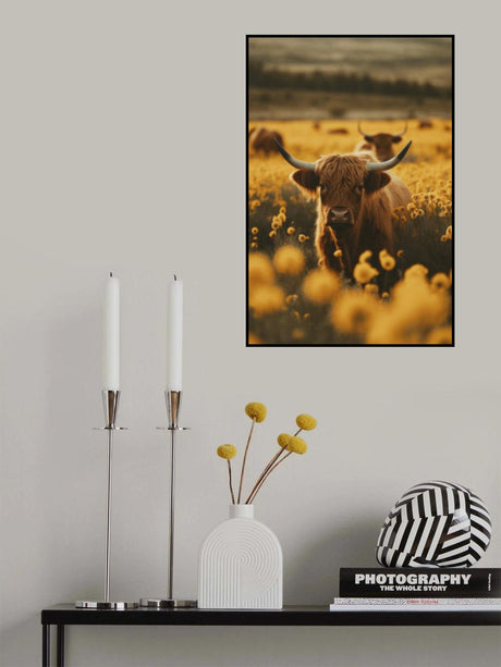 Highland cows in flower field Poster och Canvastavla