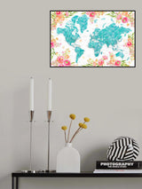 Detailed floral world map with cities, Haven Poster och Canvastavla