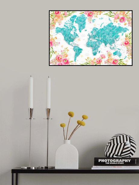 Detailed floral world map with cities, Haven Poster och Canvastavla