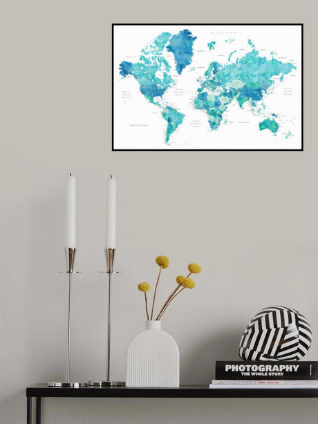 Watercolor world map with cities, Uzziel Poster och Canvastavla