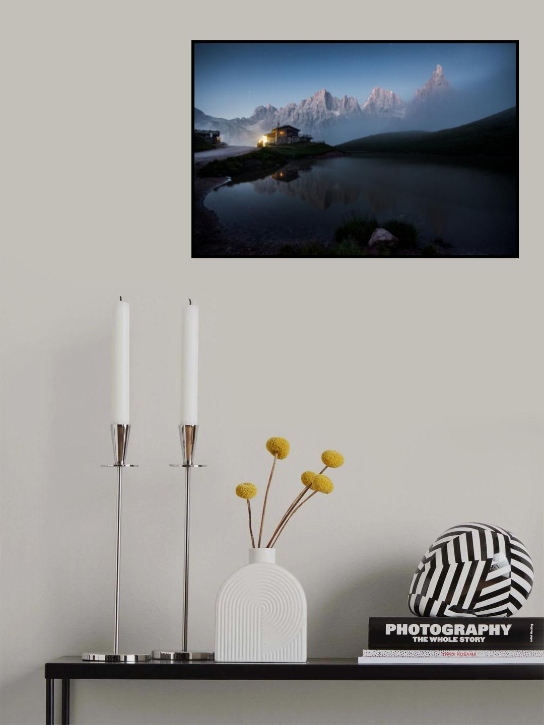 Wooden house between mountain and lake Poster och Canvastavla