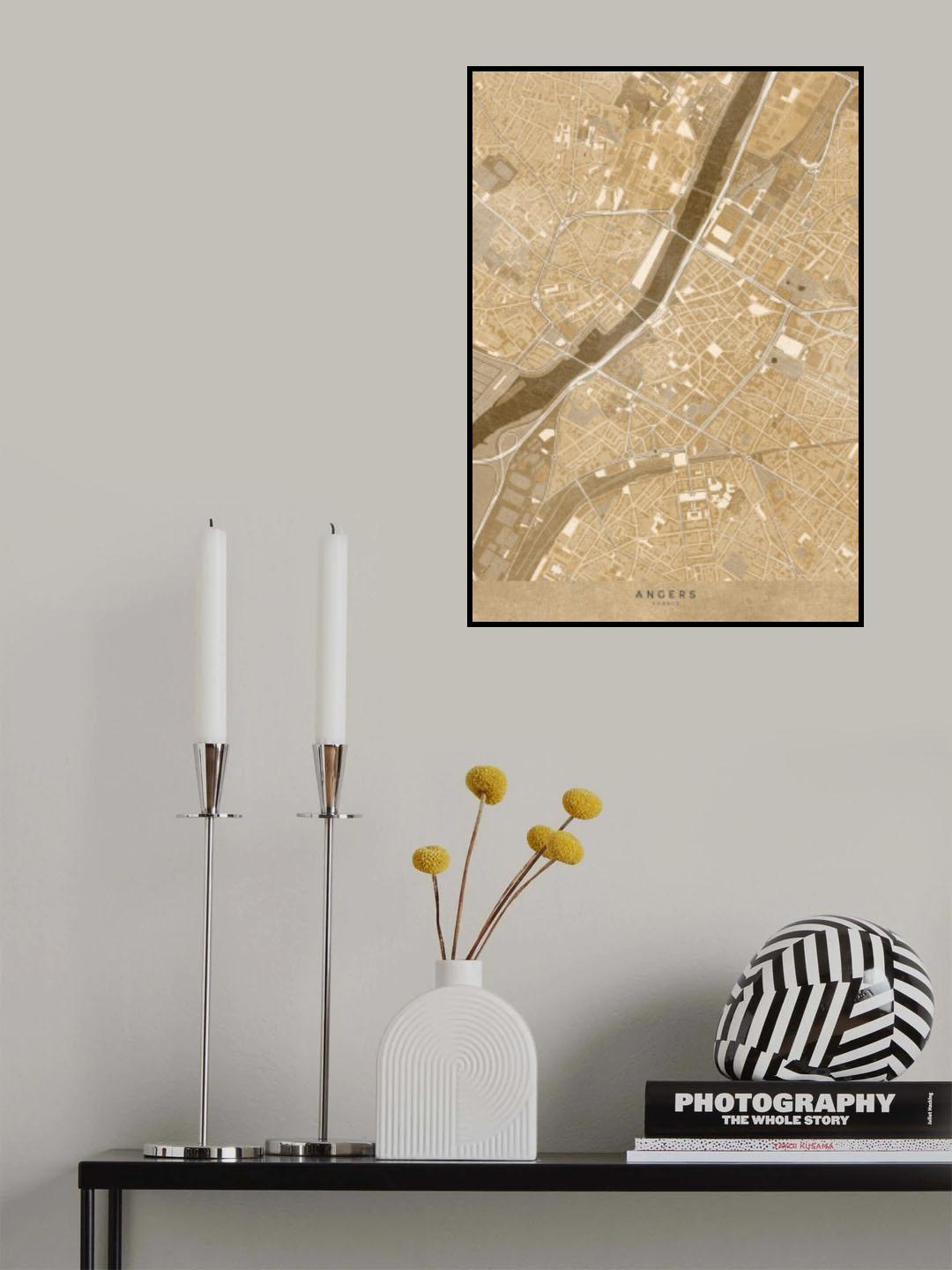 Sepia vintage map of Angers downtown France Poster och Canvastavla