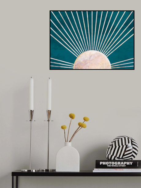 Gold sun rays mural turquoise Poster och Canvastavla