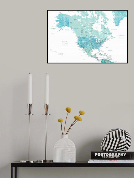 Map of North America in aquamarine watercolor Poster och Canvastavla