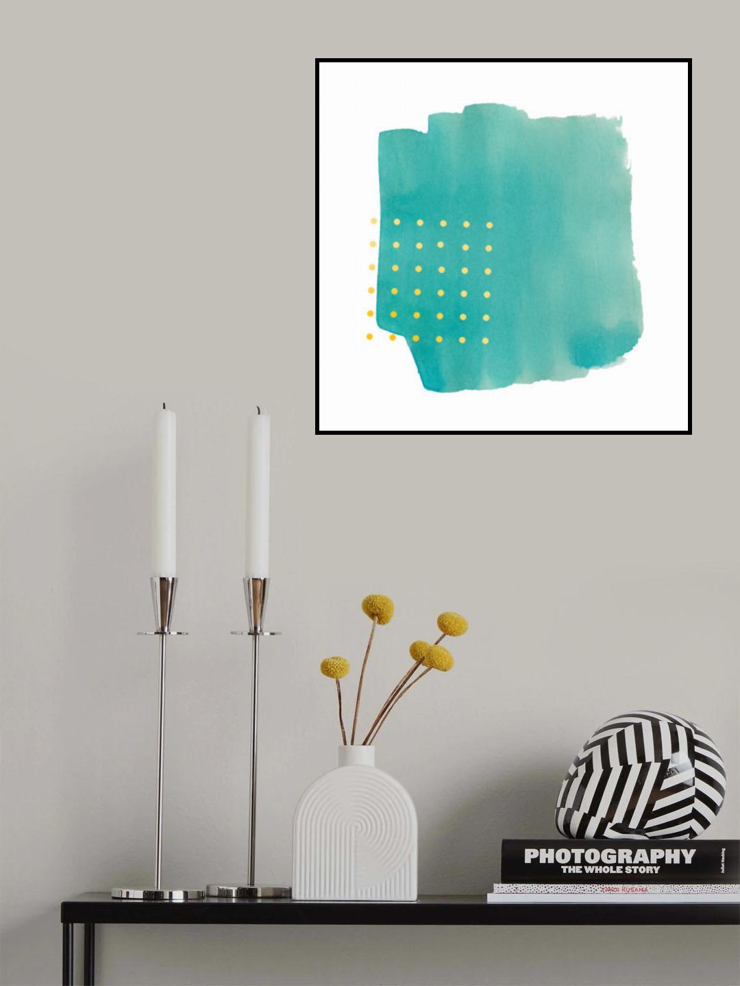 Abstract Teal Watercolor Brushstroke With Yellow Polka Dots Poster och Canvastavla