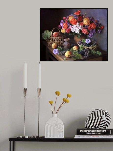 Still life with autumn bouquet and fruits Poster och Canvastavla