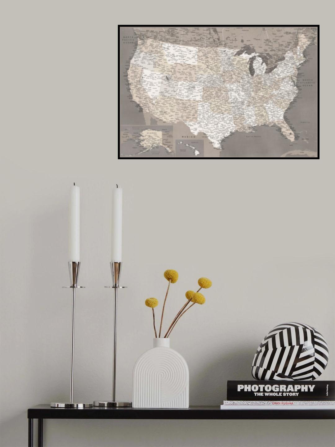 Highly detailed map of the United States, dark taupe Poster och Canvastavla