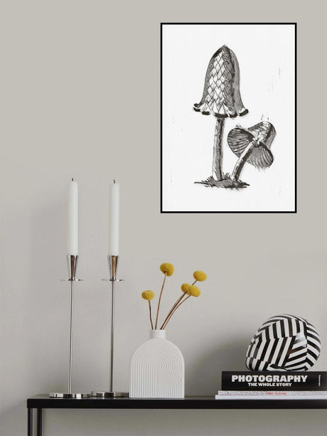 Vintage Inky Cap Edible Mushroom BW Bright Poster och Canvastavla