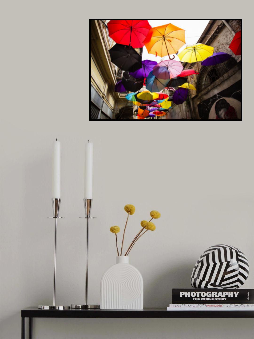 old building and decorative umbrellas Poster och Canvastavla