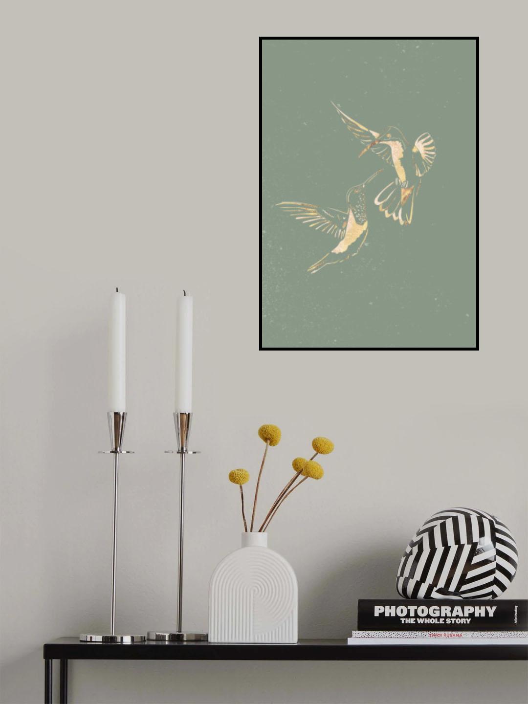 Sage Green Gold Hummingbirds Poster och Canvastavla