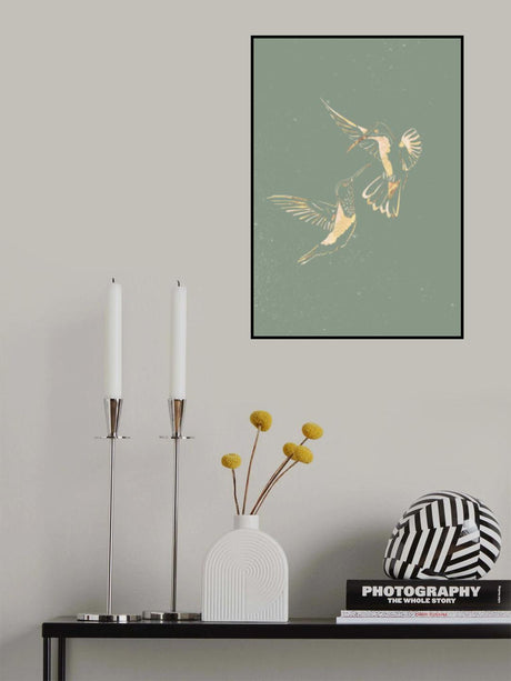 Sage Green Gold Hummingbirds Poster och Canvastavla