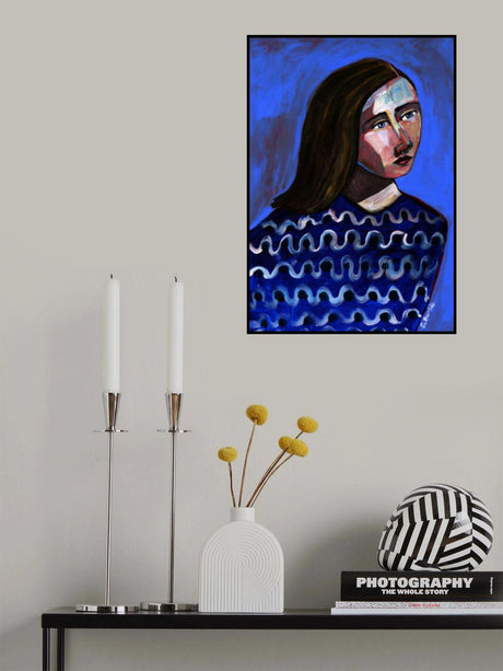 Woman in Blue Sweater Naive Portrait Figurative Poster och Canvastavla