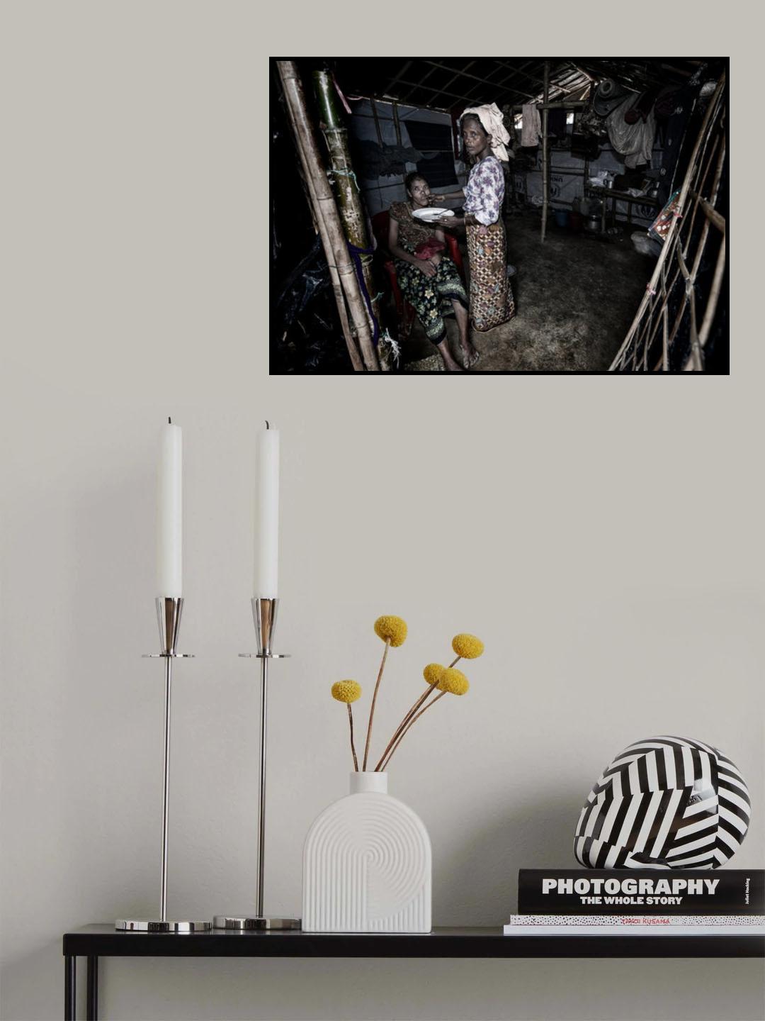 Feeding a disabled woman - Rohingya refugee people. Poster och Canvastavla