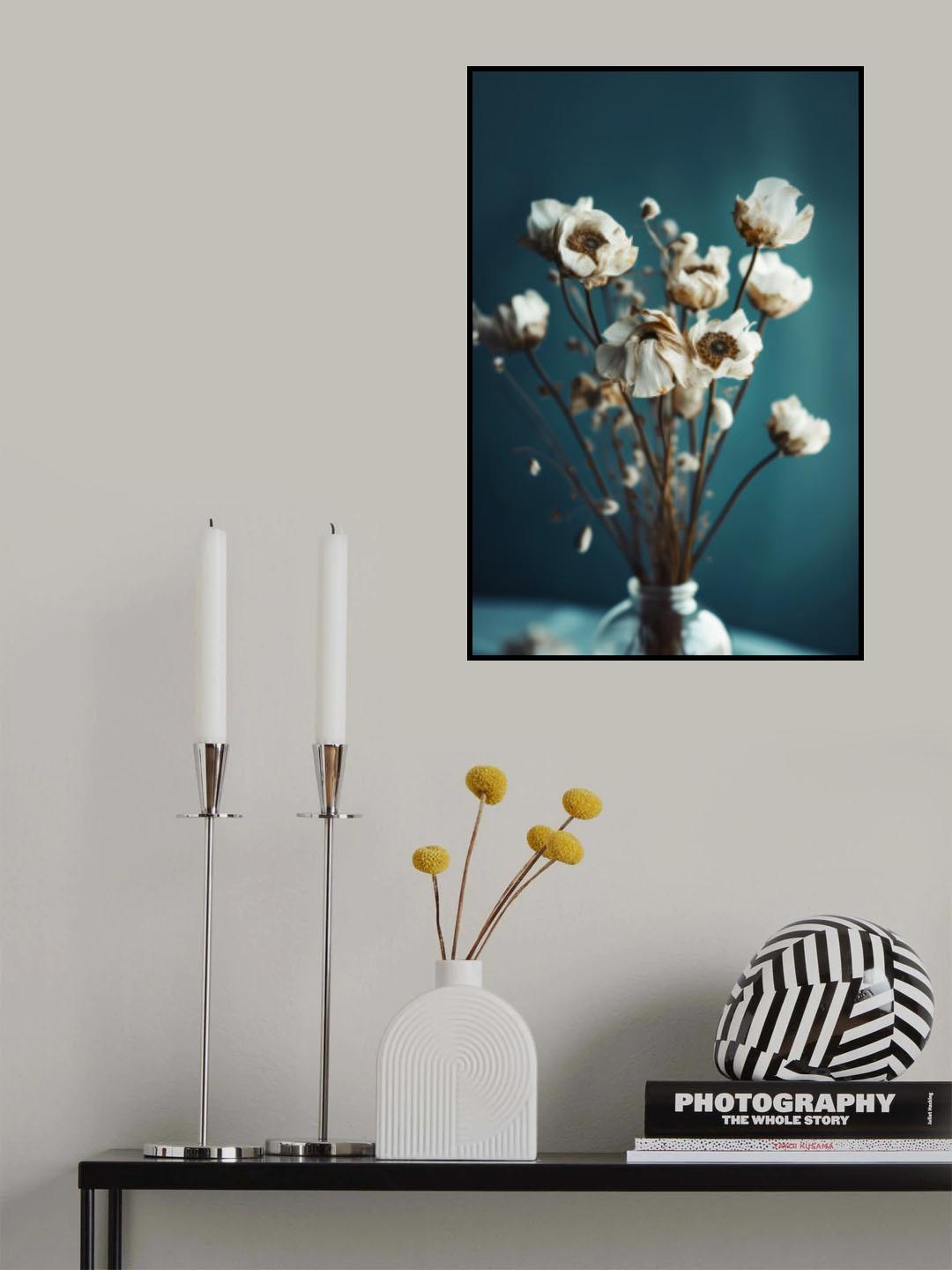 White Flowers On Turquoise Background Poster och Canvastavla