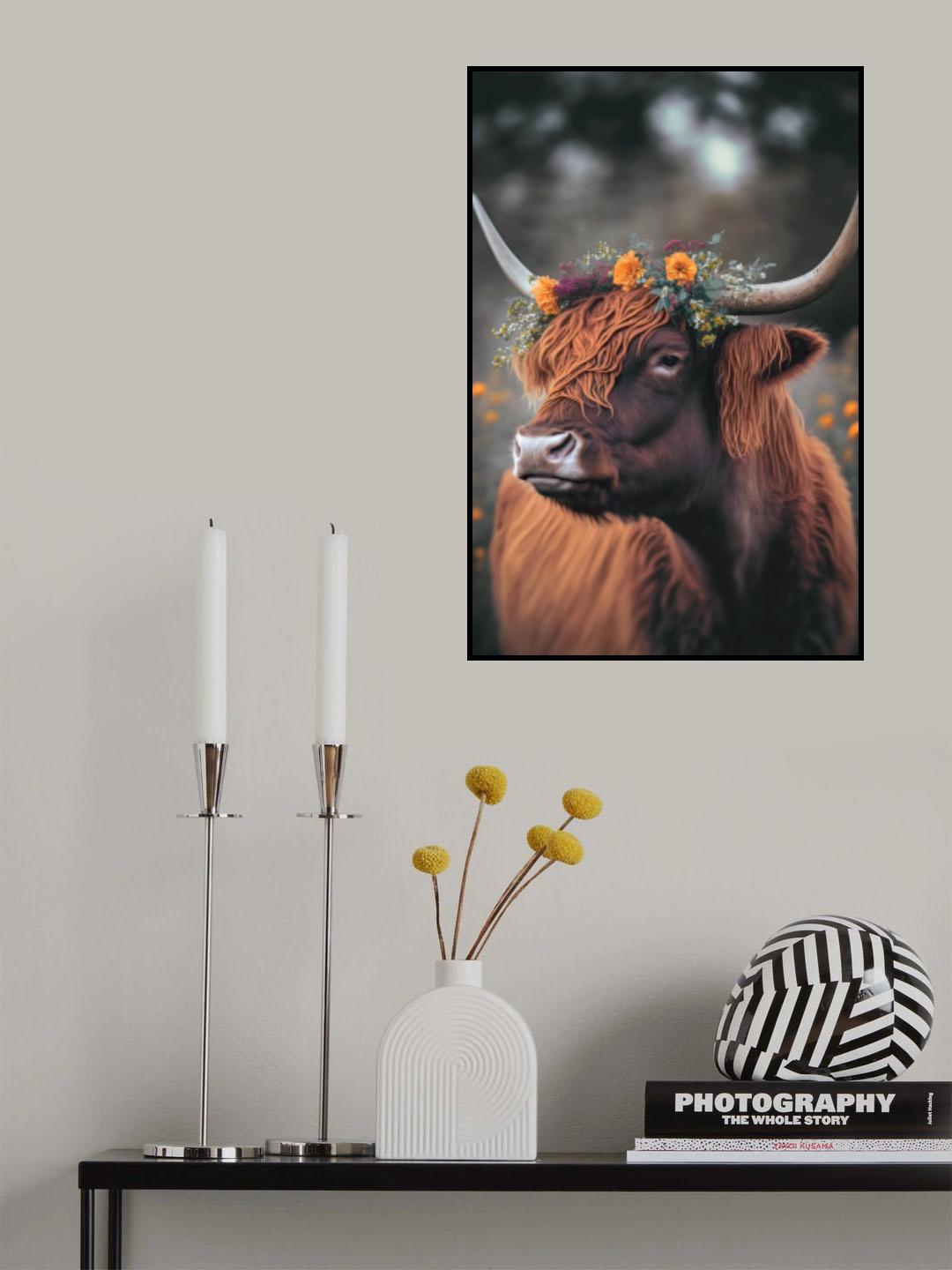 Highland Cow With Flowers Poster och Canvastavla