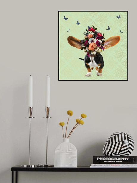 Spring Flower Bonnet On Doggy Poster och Canvastavla
