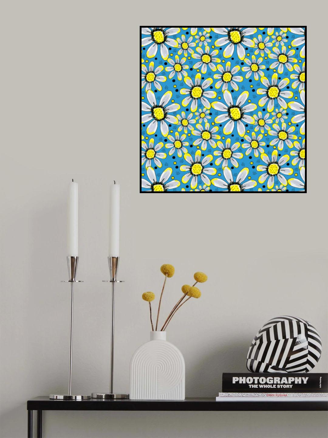 Cool Flower Garden Yellow Gray On Blue Poster och Canvastavla