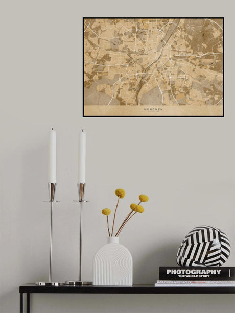 Sepia vintage map of Munich Germany Poster och Canvastavla