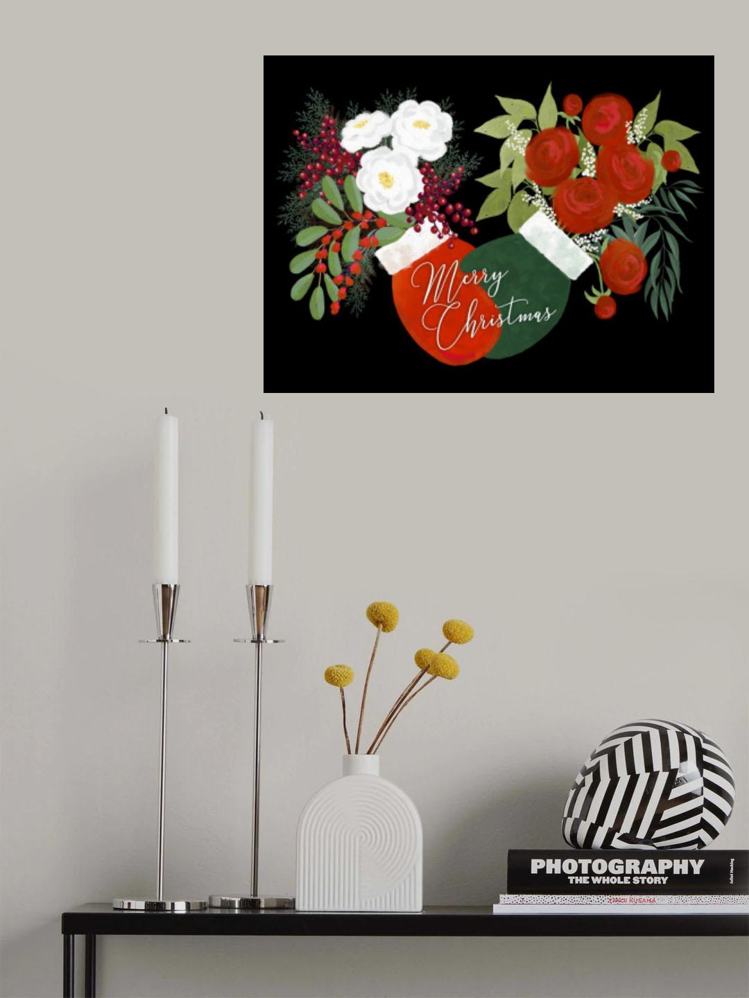 Floral mittens Merry Christmas in black Poster och Canvastavla