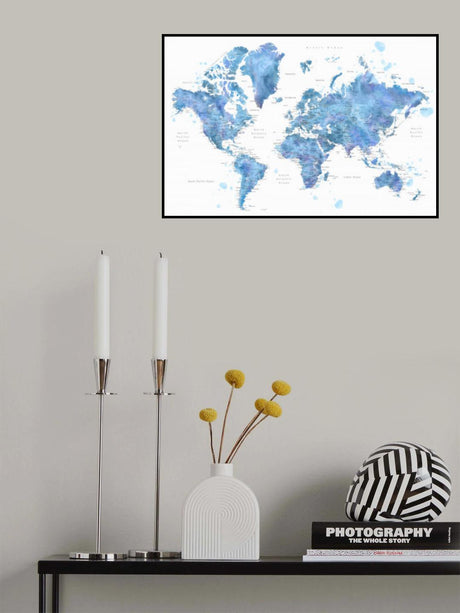 Blue watercolor world map with cities, Simeon Poster och Canvastavla