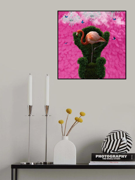 Fluttering Pink Flamingo on a Green Chair Poster och Canvastavla