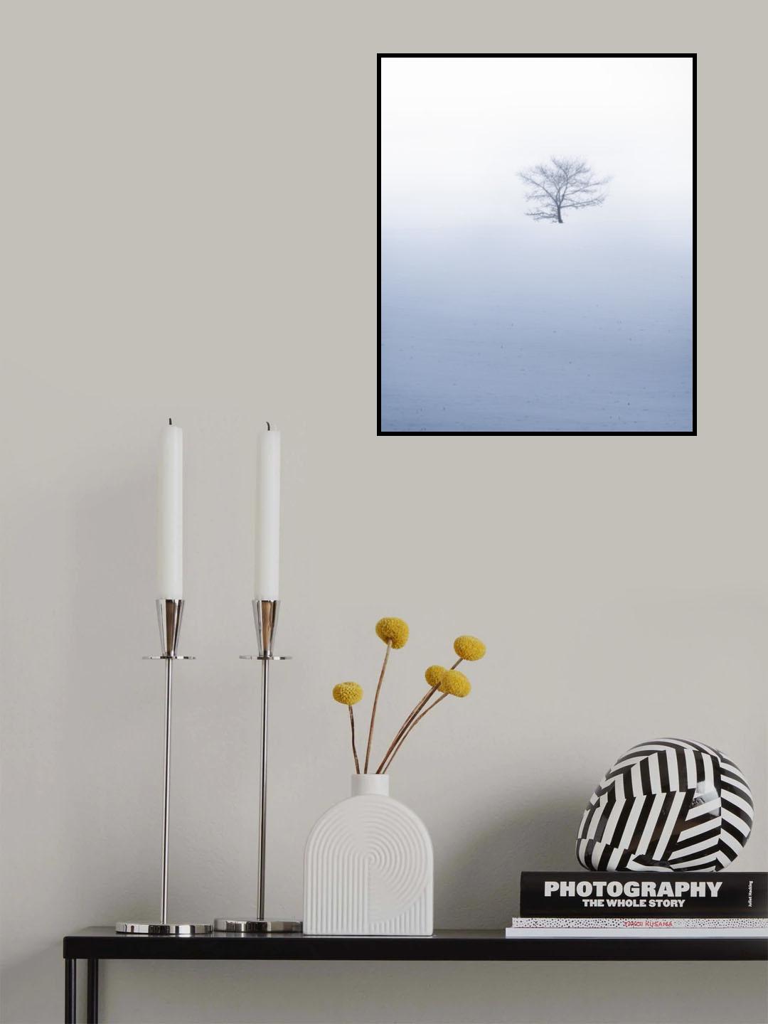 Small tree on hil during misty weather with snowfall Poster och Canvastavla