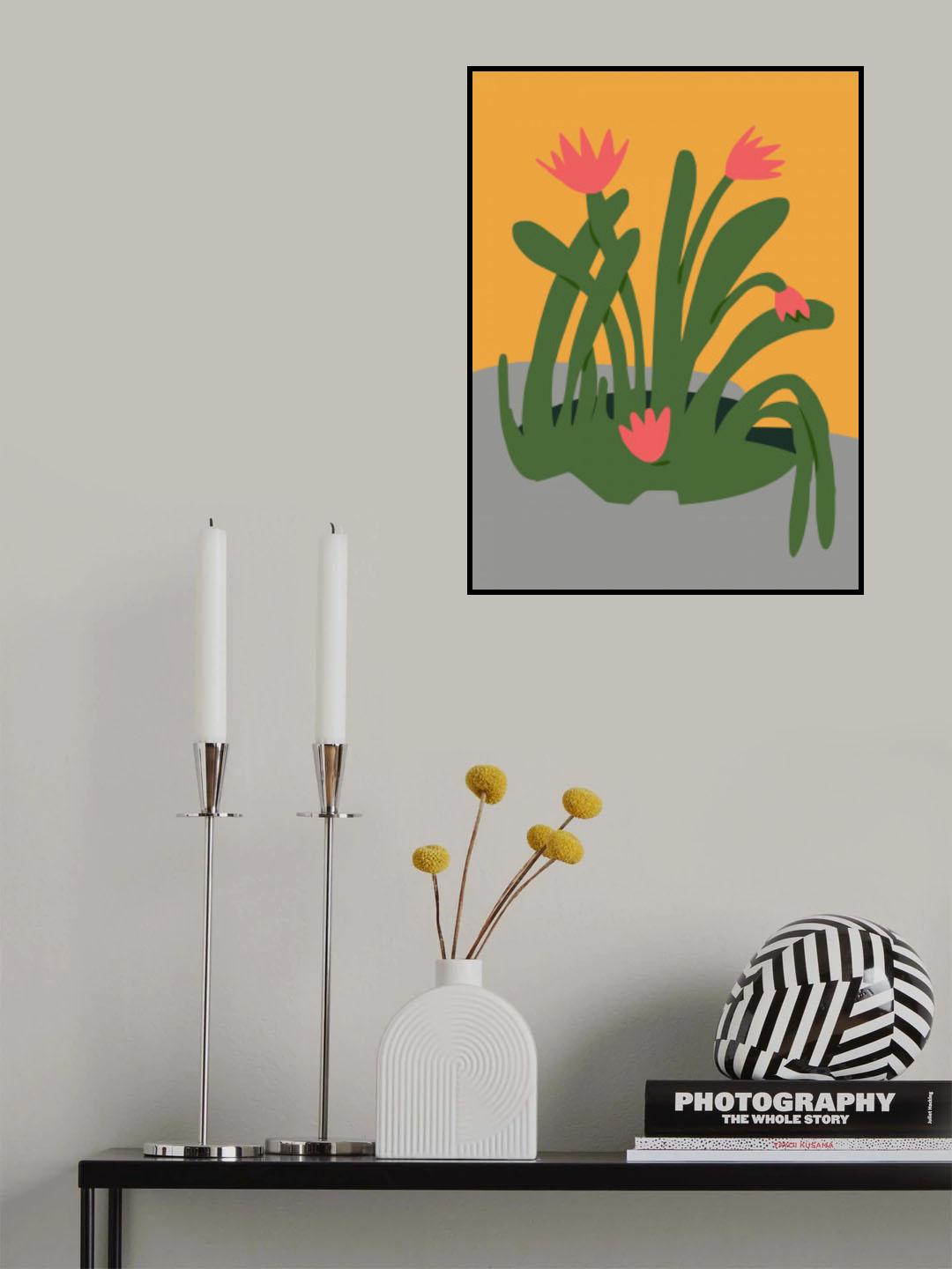 Abstract Sculpture and Pink Flowers Poster och Canvastavla
