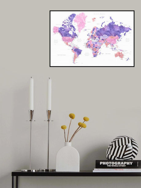 Watercolor world map with cities, Brandie Poster och Canvastavla