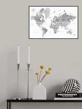 Grayscale watercolor world map with cities, Rylan Poster och Canvastavla