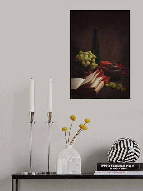 Still life with grapes, old books and a teapot Poster och Canvastavla