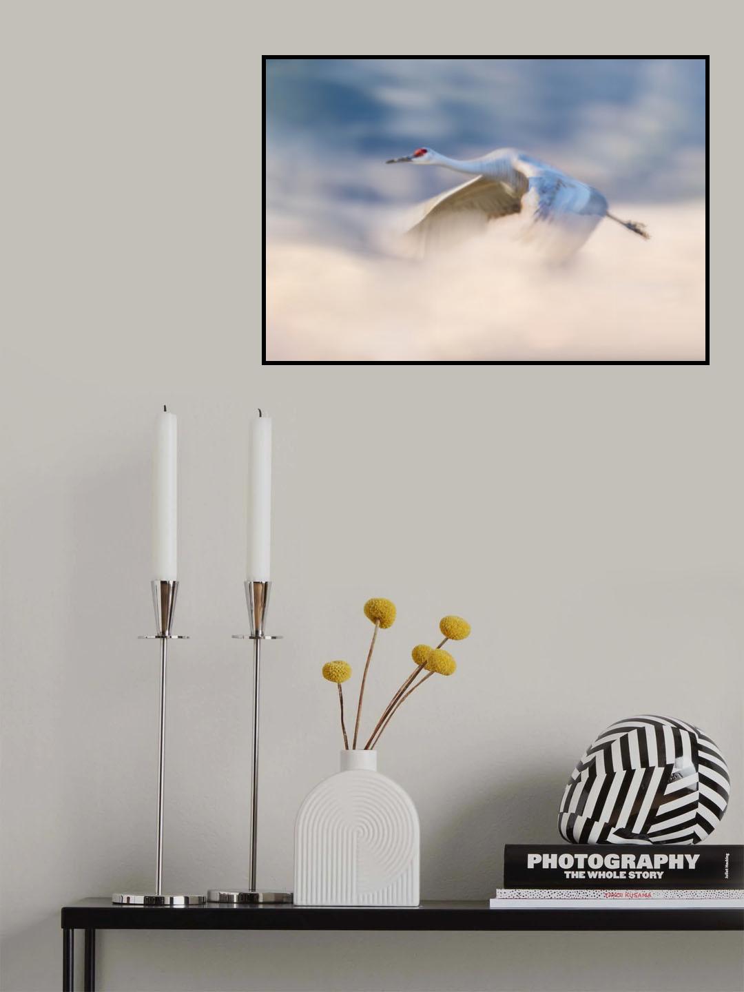 Sandhill Crane Flying in Clouds Poster och Canvastavla