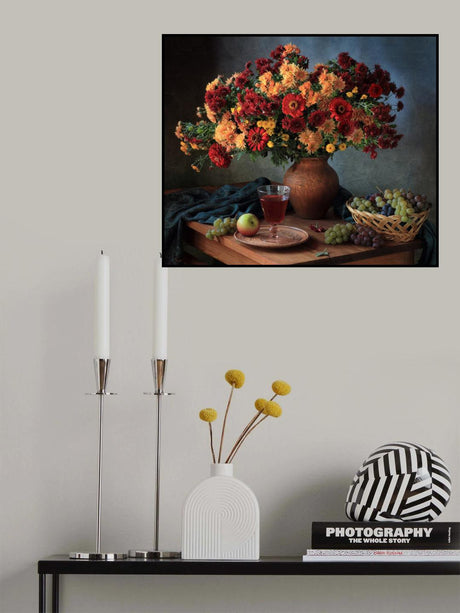 With a bouquet of chrysanthemums and wine Poster och Canvastavla