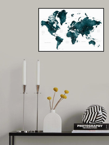 Dark teal world map with cities, Makani Poster och Canvastavla