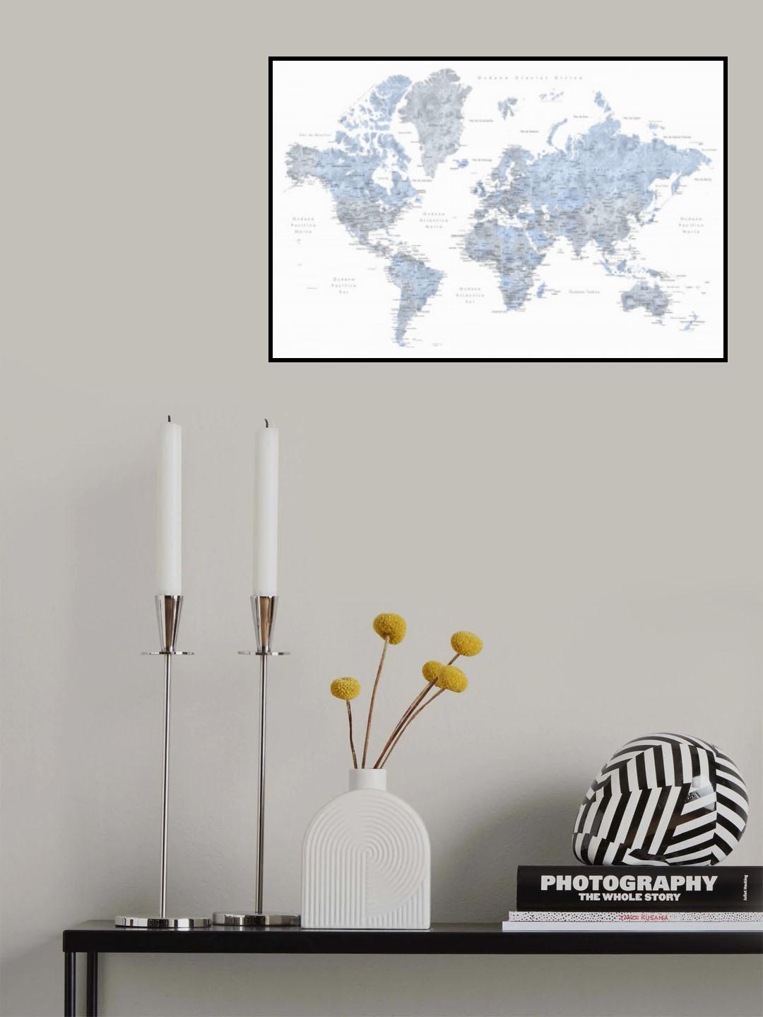 Blue world map in Spanish Poster och Canvastavla