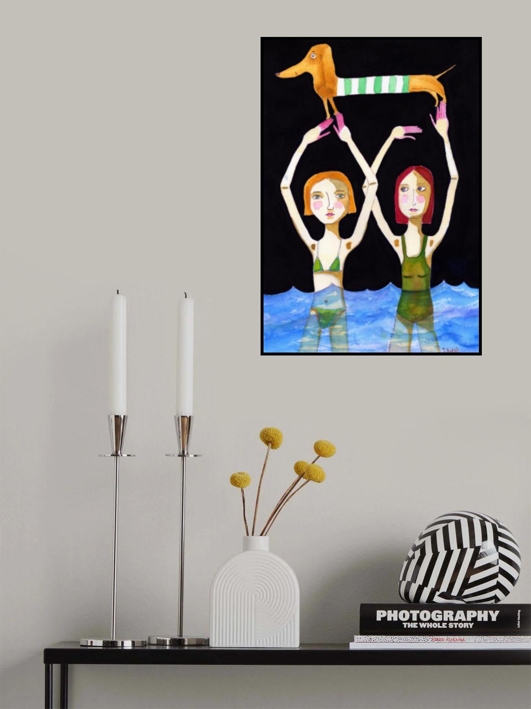 Swimming Girls with Sausage Dog Poster och Canvastavla