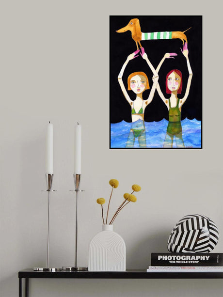 Swimming Girls with Sausage Dog Poster och Canvastavla