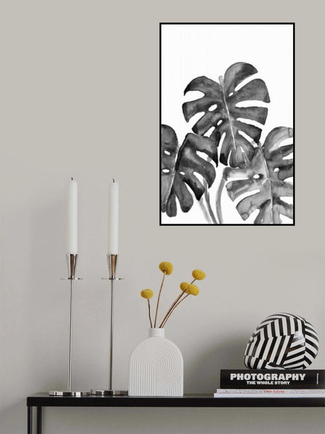 Monstera leaves in loose watercolor bw Poster och Canvastavla