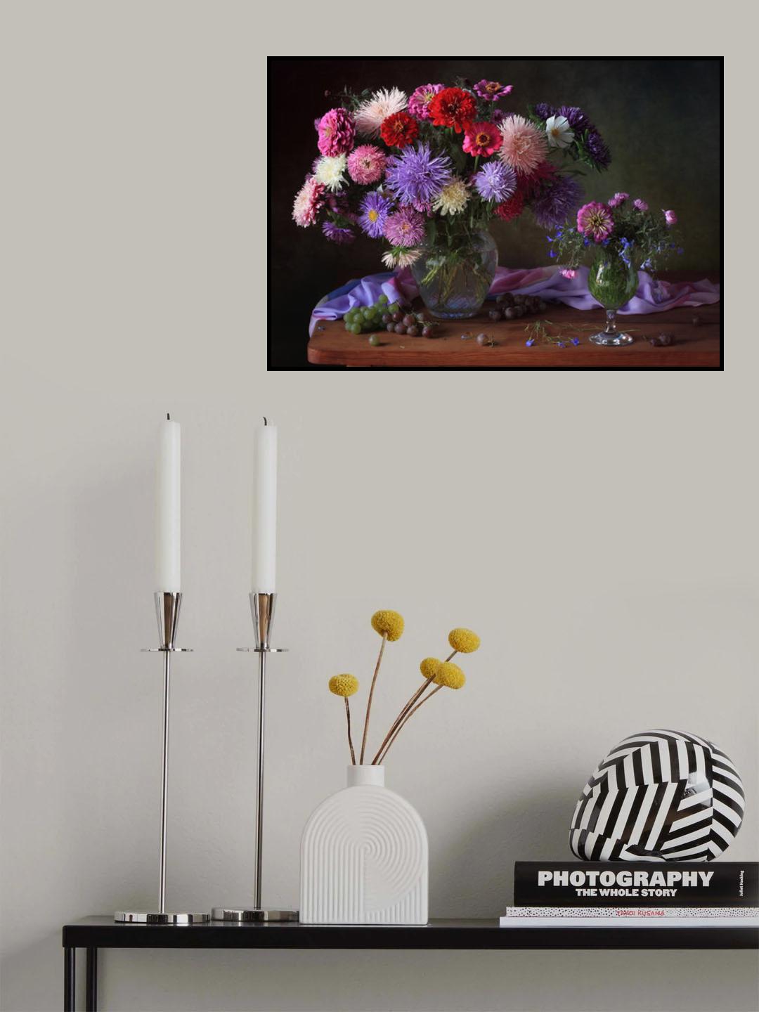 Still Life with Asters and Zinnias Poster och Canvastavla