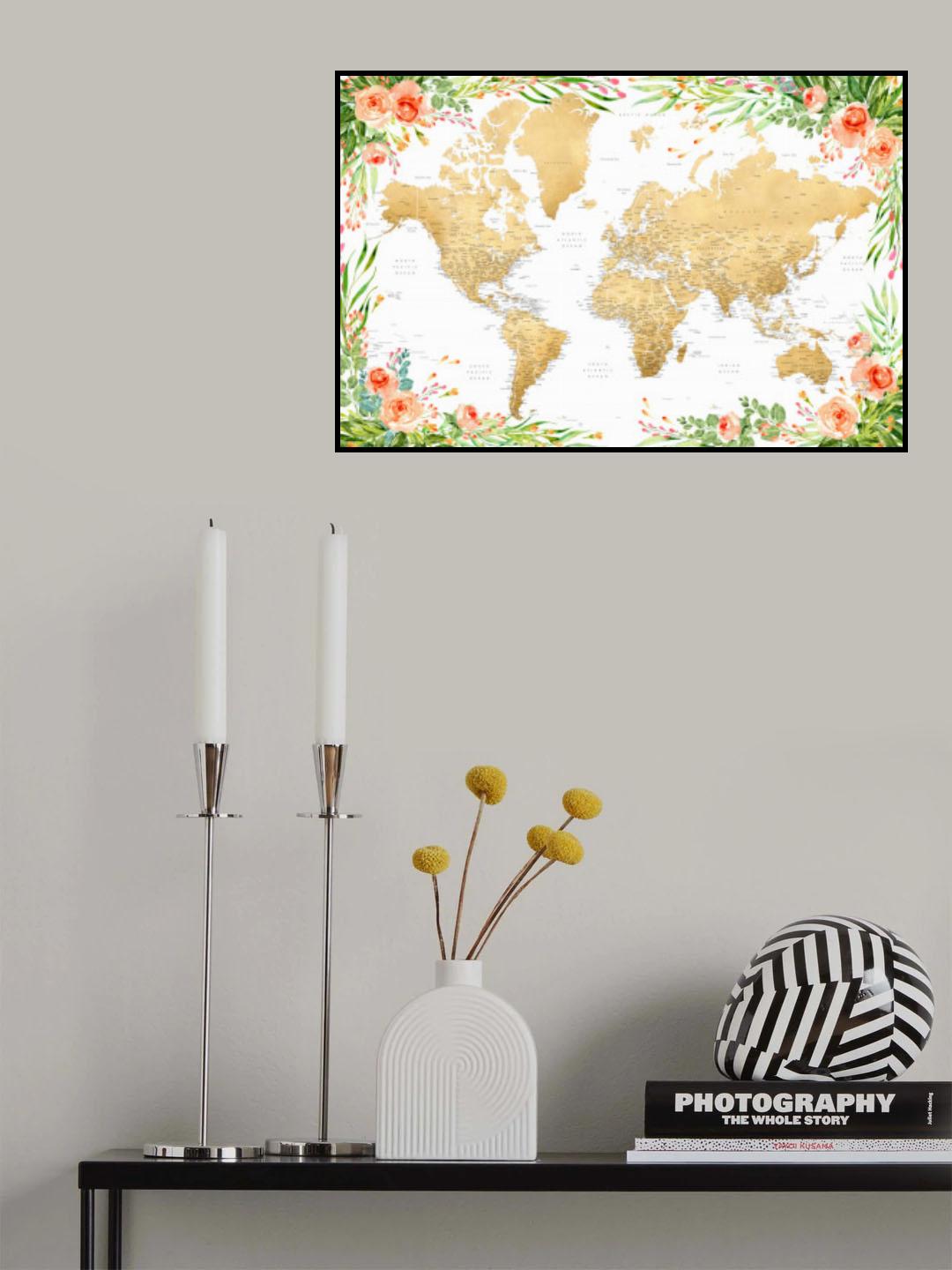 Floral bohemian world map with cities, Blythe Poster och Canvastavla