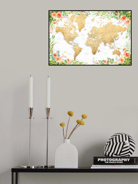 Floral bohemian world map with cities, Blythe Poster och Canvastavla