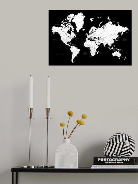 Black and white world map with cities, Connie Poster och Canvastavla