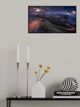 Light tracks on a pass road in the Dolomites Poster och Canvastavla