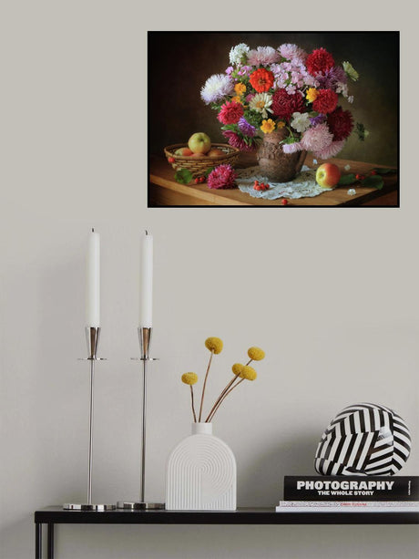 Still life with a bouquet of flowers and apples Poster och Canvastavla