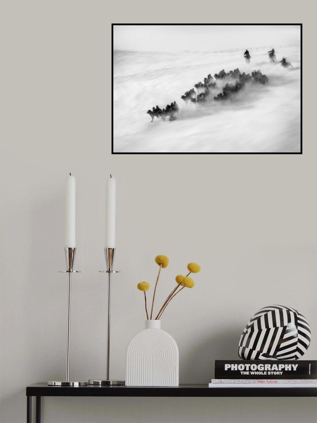 Grassland ice and snow, camel team returns. Poster och Canvastavla
