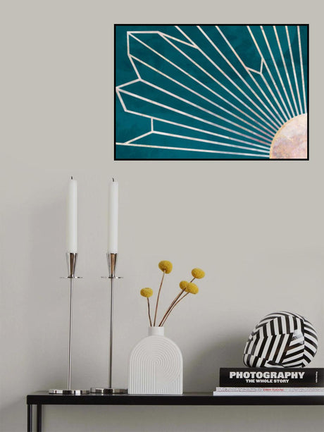 Gold geometric sun rays mural turquoise Poster och Canvastavla