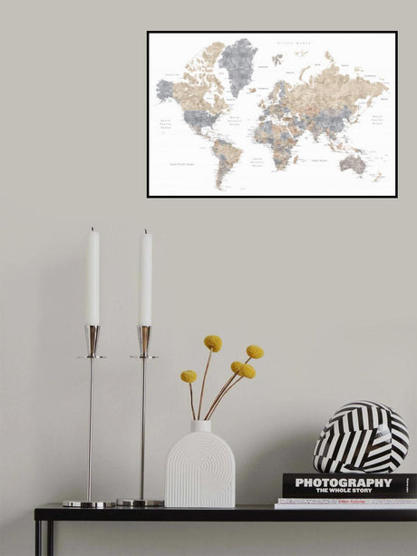 Watercolor world map with cities, Gouri Poster och Canvastavla