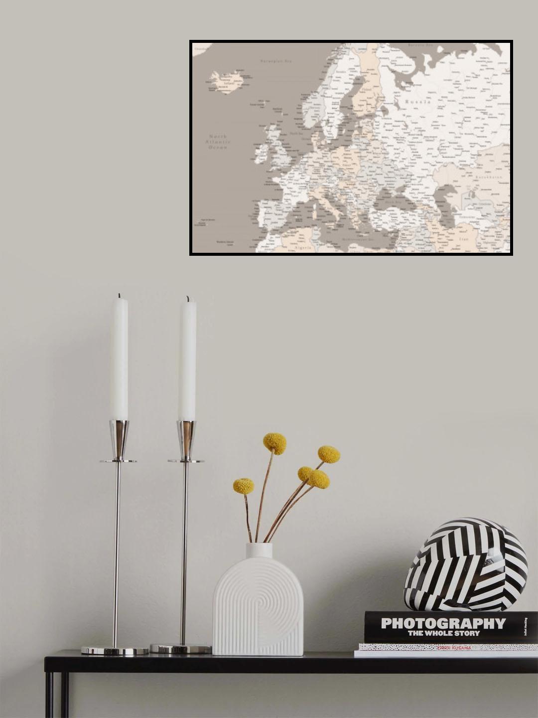 High detail map of Europe in neutrals Poster och Canvastavla