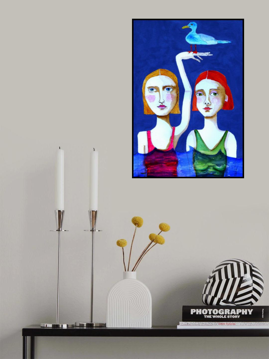 Swimming Ladies with Blue Bird Poster och Canvastavla