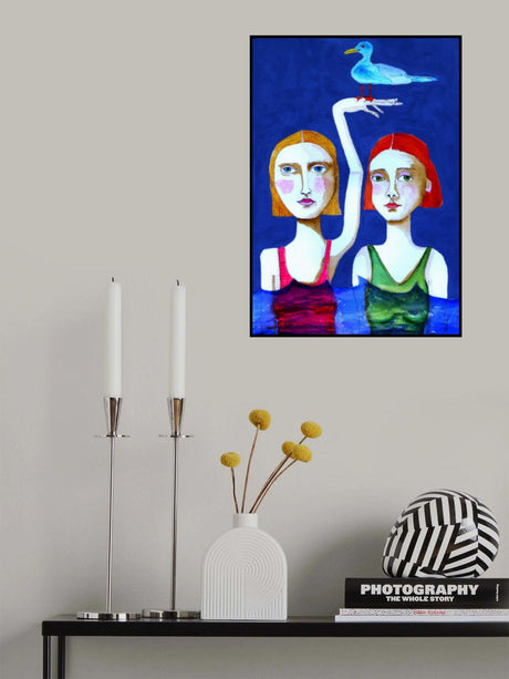 Swimming Ladies with Blue Bird Poster och Canvastavla